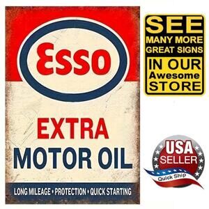 Metal Tin Sign • Esso Extra Motor Oil • Long Mileage Protection • Quick Starting